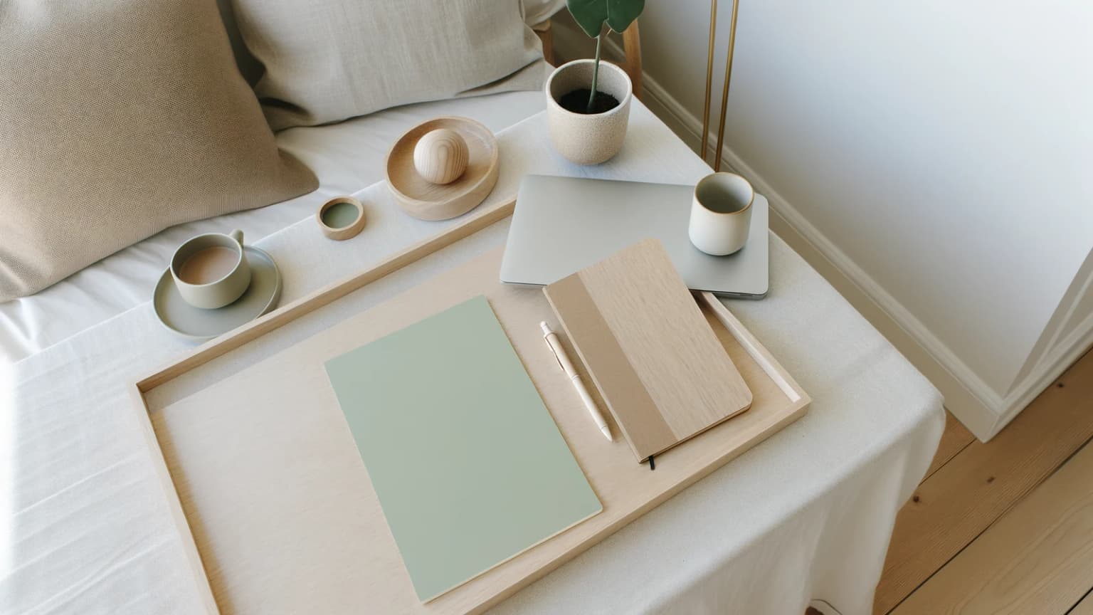 Mesa de trabalho em madeira clara com caderno aberto, caneta, copo de café e uma pequena planta.