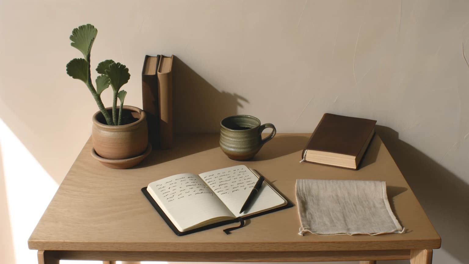 Escrivaninha minimalista com caderno aberto, caneta, livro fechado, caneca de café, planta em vaso de barro e guardanapo de l