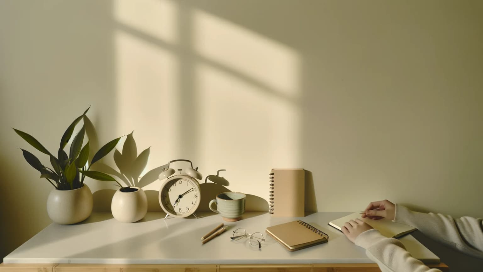 Mesa com copo de água, caderno fechado e despertador analógico sob luz natural dourada em ambiente calmo.