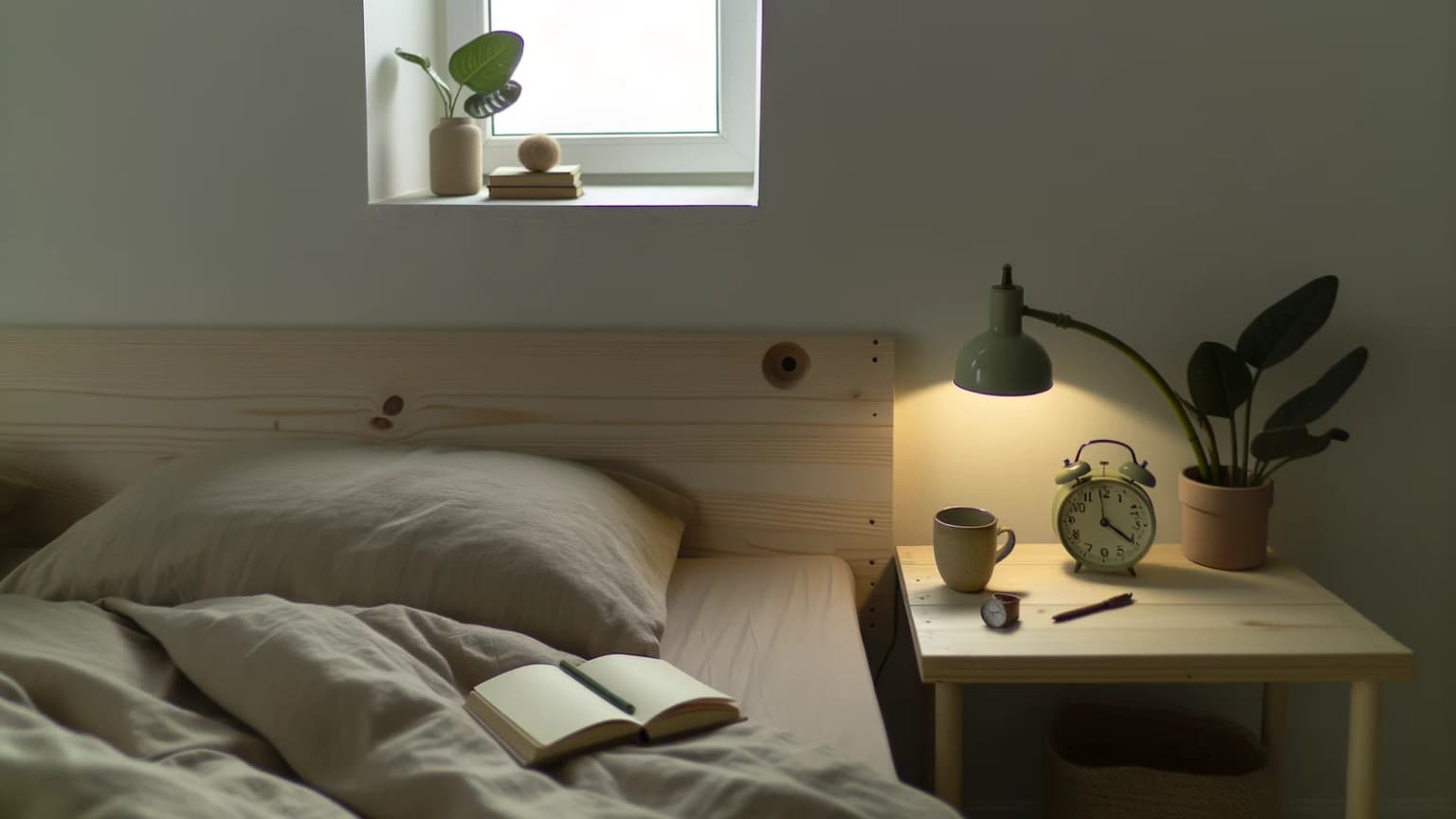 Quarto com cabeceira de madeira clara, lençol de linho e despertador analógico, iluminado por luz suave da janela.