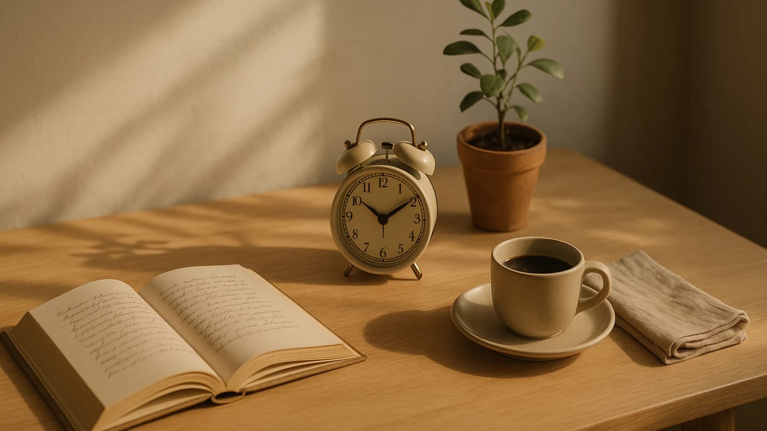 Livro aberto, relógio analógico, xícara de café e planta sobre mesa de madeira clara com luz natural