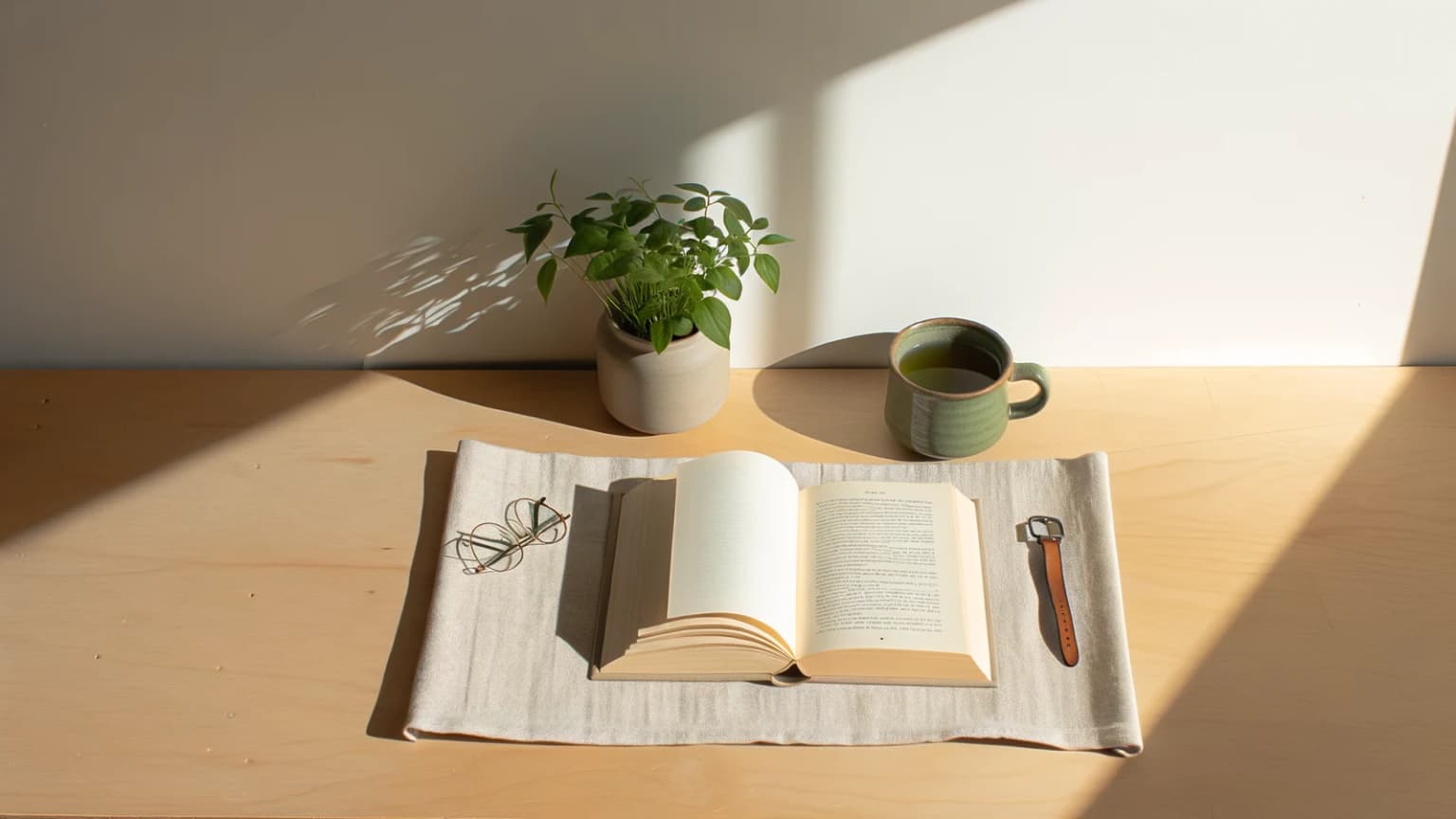 Livro aberto sobre uma toalha de linho cru em uma superfície de madeira, ao lado de uma caneca de chá, óculos, planta e relóg
