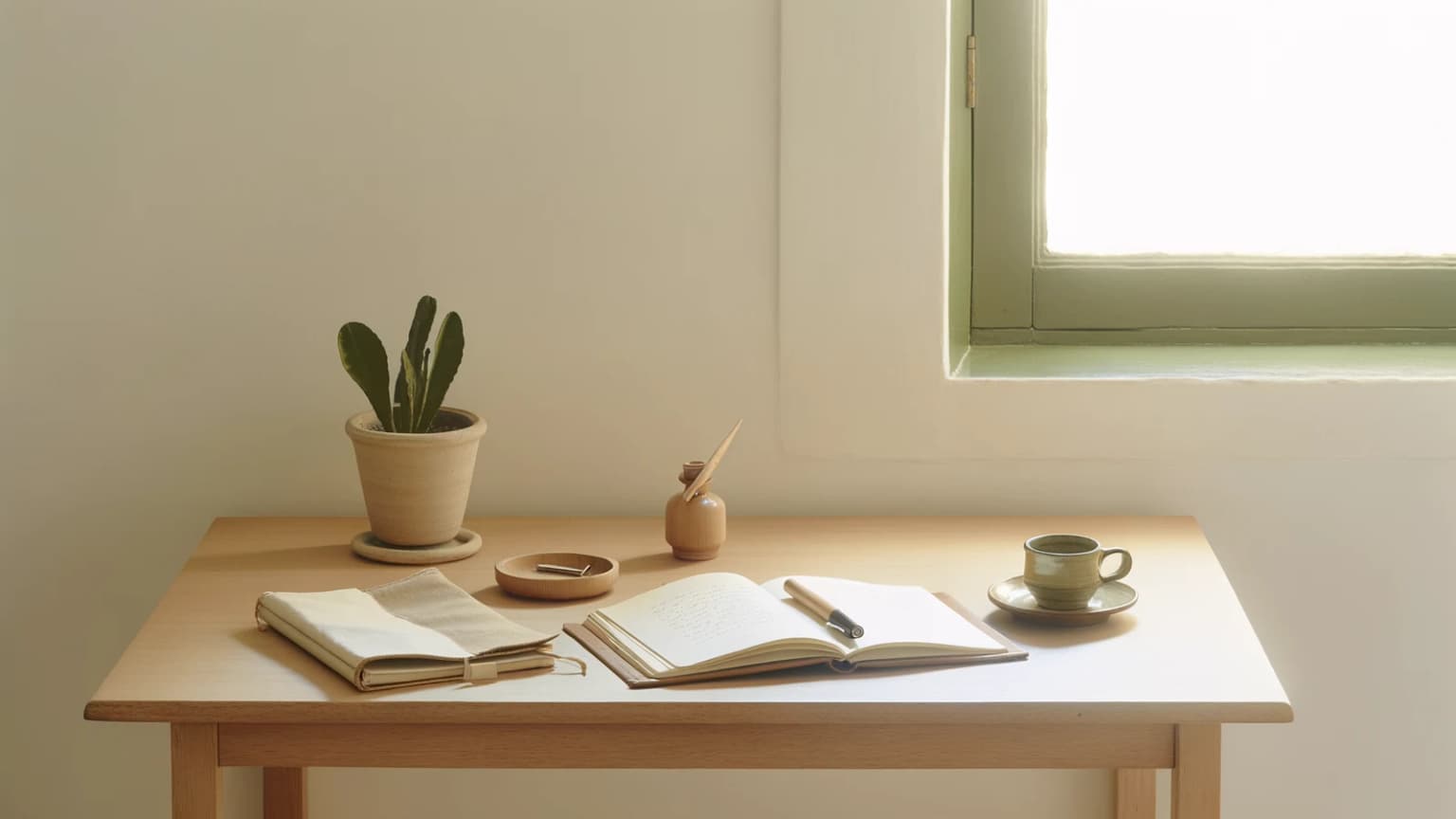 Mesa de madeira limpa com caderno aberto, caneta, xícara de café, planta em vaso de barro, guardanapo de linho e cronômetro.