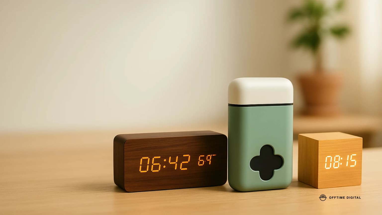 Curadoria OFFTIME: caixa de bloqueio para smartphone verde e relógios despertadores marrom e bambu sobre mesa de madeira clara