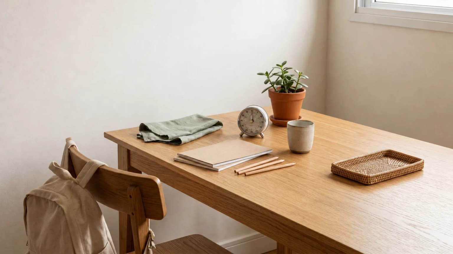 Mesa de estudos com cadernos, lápis, mochila, planta e timer analógico em luz natural.