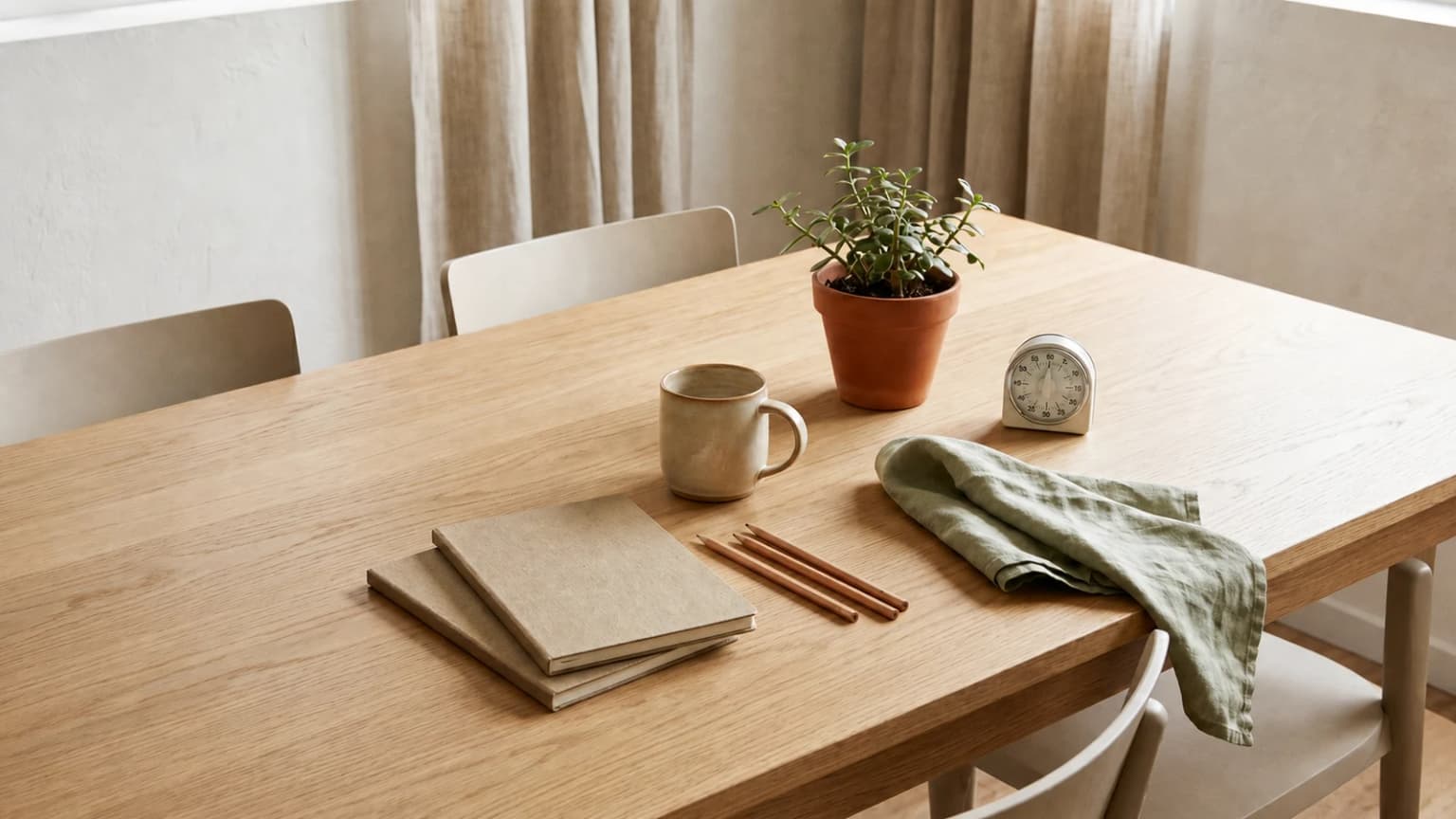 Mesa de madeira clara com cadernos, lápis, caneca, planta e timer analógico em luz suave.