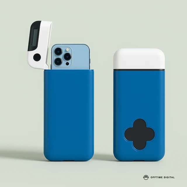 Caixa de bloqueio para smartphone com temporizador na cor azul, vista aberta e fechada