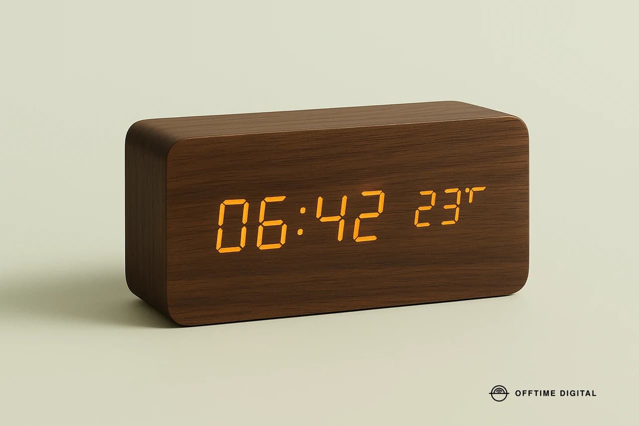Relógio digital despertador SATE AC-T23 marrom em ambiente noturno com luz de abajur