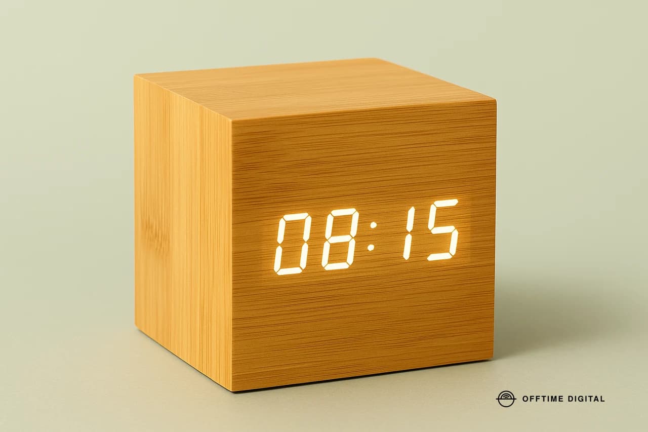 Relógio digital despertador SATE AC-T32 bambu sobre mesa de trabalho em luz da manhã